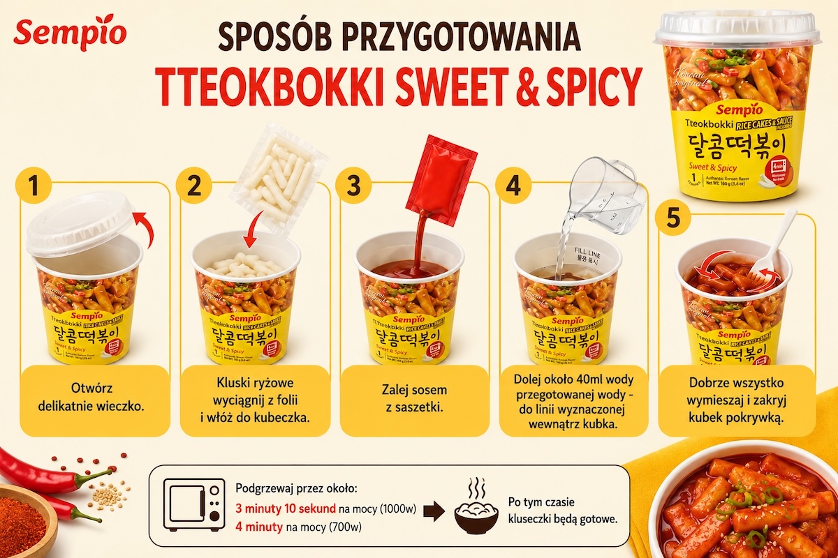Przygotowanie: Kluski Ryżowe Topokki Tteokbokki w Słodko Pikantnym Sosie 160g SEMPIO